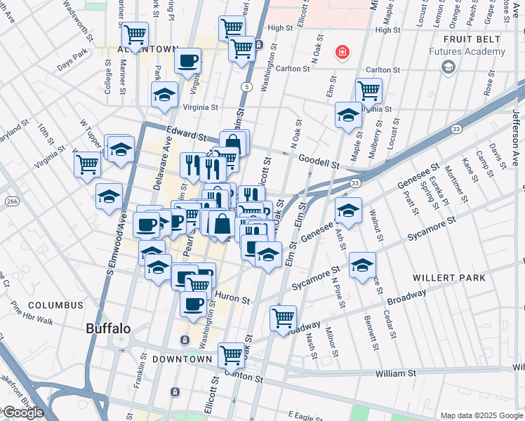 map of restaurants, bars, coffee shops, grocery stores, and more near 520 Ellicott Street in Buffalo