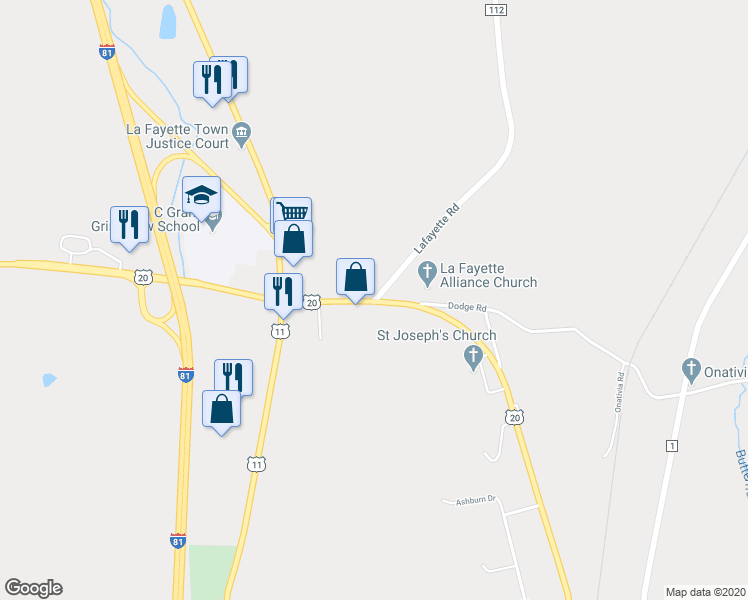 map of restaurants, bars, coffee shops, grocery stores, and more near 2467 Lafayette Road in LaFayette