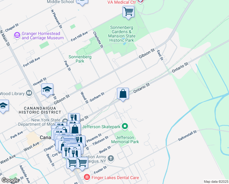 map of restaurants, bars, coffee shops, grocery stores, and more near 215 Gorham Street in Canandaigua