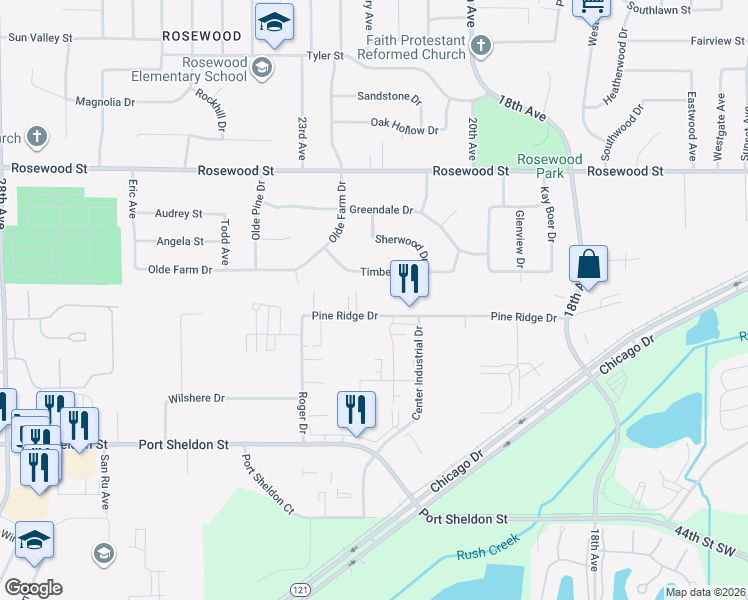 map of restaurants, bars, coffee shops, grocery stores, and more near 2169 Pine Ridge Drive in Jenison