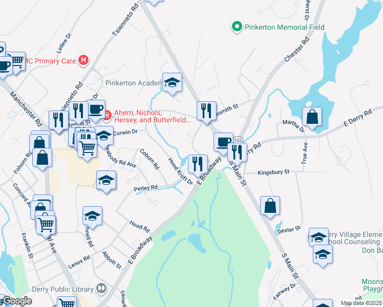 map of restaurants, bars, coffee shops, grocery stores, and more near 11 Crescent Street in Derry