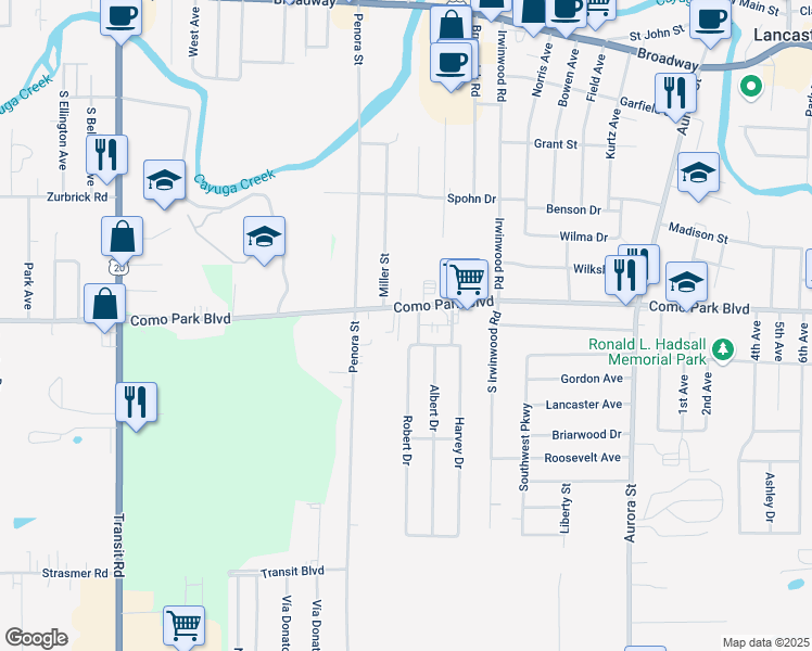 map of restaurants, bars, coffee shops, grocery stores, and more near 11 Robert Drive in Lancaster