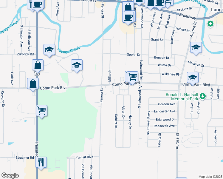 map of restaurants, bars, coffee shops, grocery stores, and more near 11 Robert Drive in Lancaster