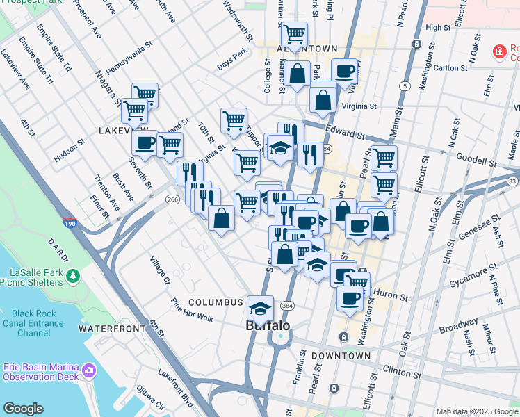 map of restaurants, bars, coffee shops, grocery stores, and more near 250 South Elmwood Avenue in Buffalo