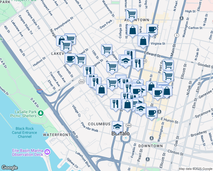 map of restaurants, bars, coffee shops, grocery stores, and more near 41 Whitney Place in Buffalo