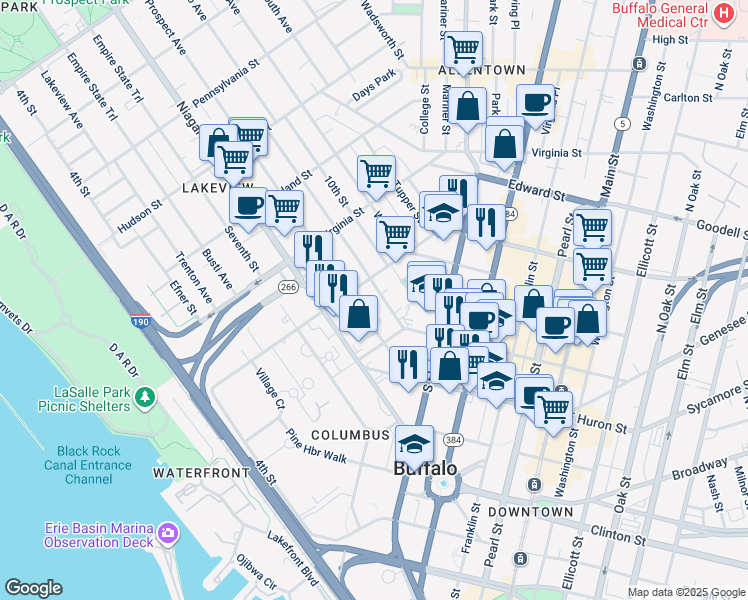 map of restaurants, bars, coffee shops, grocery stores, and more near 41 Whitney Place in Buffalo