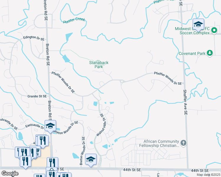 map of restaurants, bars, coffee shops, grocery stores, and more near 2791 Pfeiffer Woods Drive Southeast in Kentwood