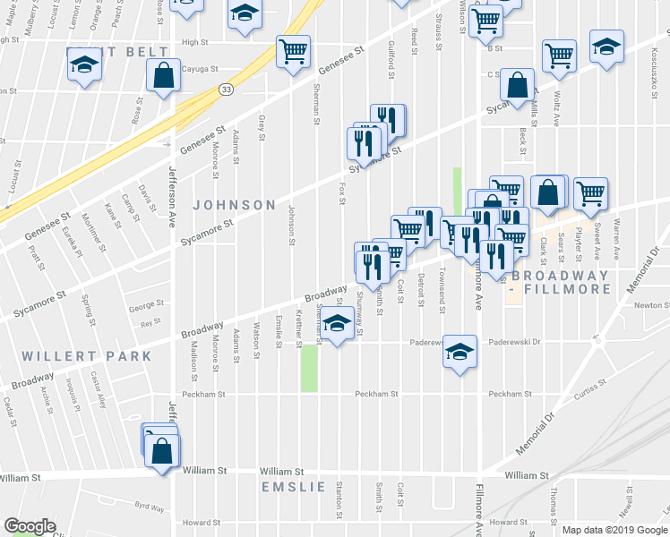 map of restaurants, bars, coffee shops, grocery stores, and more near 22 Fox Street in Buffalo