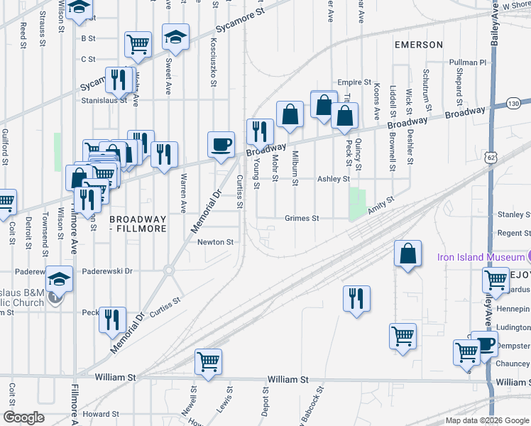 map of restaurants, bars, coffee shops, grocery stores, and more near 49 Young Street in Buffalo