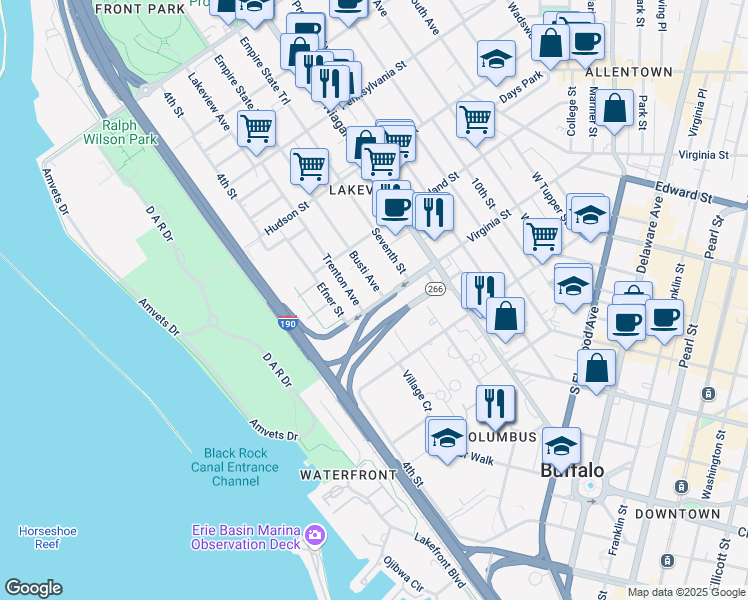 map of restaurants, bars, coffee shops, grocery stores, and more near 235 Trenton Avenue in Buffalo