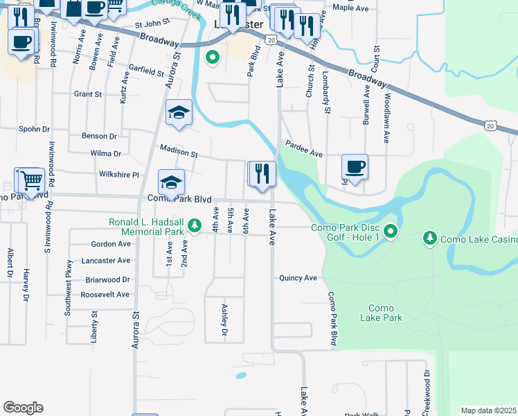 map of restaurants, bars, coffee shops, grocery stores, and more near 2079 Como Park Boulevard in Lancaster