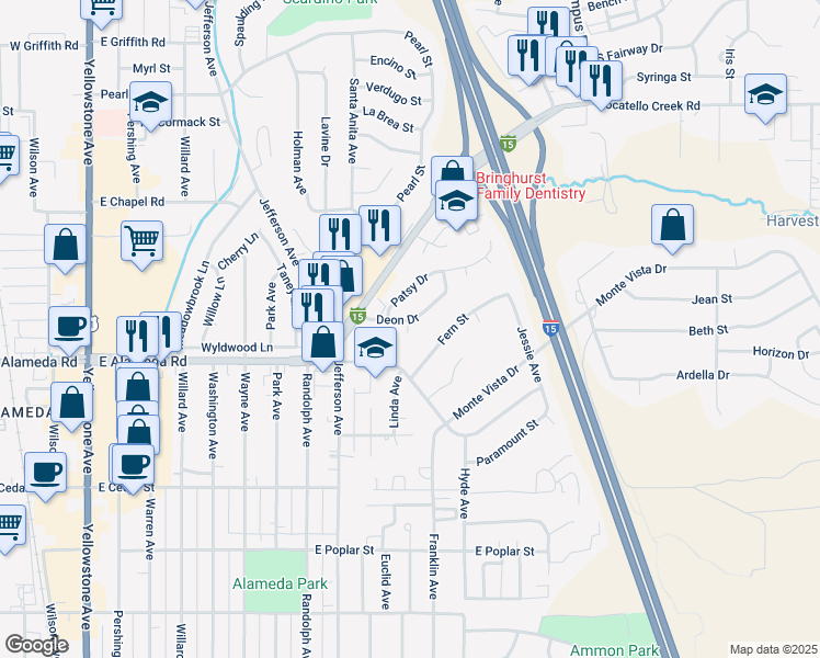 map of restaurants, bars, coffee shops, grocery stores, and more near 1021 Deon Drive in Pocatello