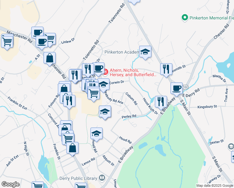 map of restaurants, bars, coffee shops, grocery stores, and more near 8 Peabody Road in Derry