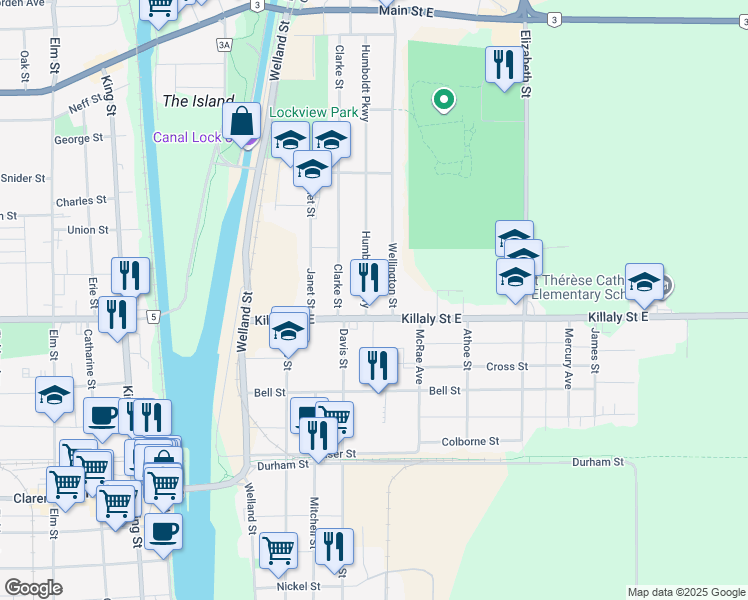 map of restaurants, bars, coffee shops, grocery stores, and more near in Port Colborne