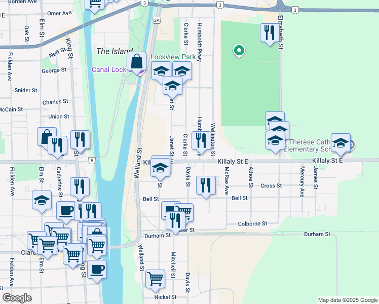 map of restaurants, bars, coffee shops, grocery stores, and more near 27 Clarke Street in Port Colborne