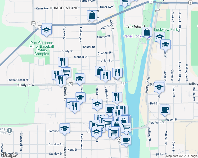 map of restaurants, bars, coffee shops, grocery stores, and more near in Port Colborne