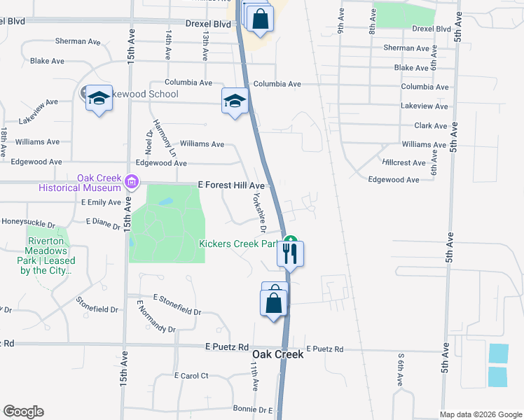 map of restaurants, bars, coffee shops, grocery stores, and more near 8365 South Chicago Road in Oak Creek