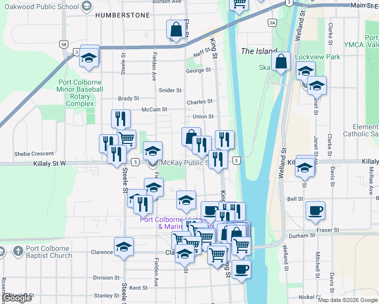 map of restaurants, bars, coffee shops, grocery stores, and more near 517 Elm Street in Port Colborne