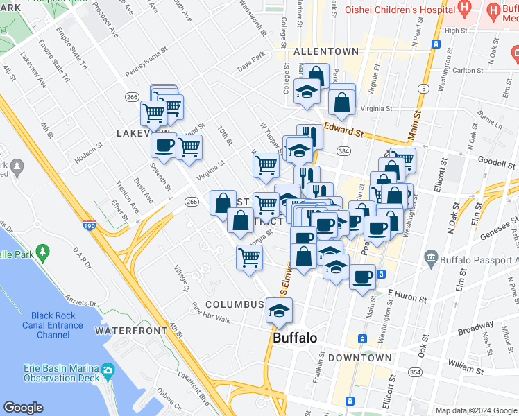 map of restaurants, bars, coffee shops, grocery stores, and more near 41 Whitney Place in Buffalo