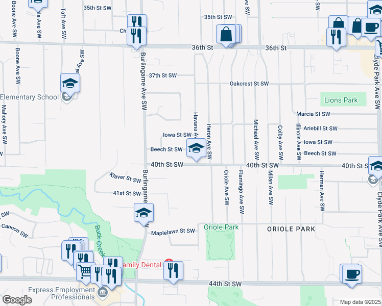 map of restaurants, bars, coffee shops, grocery stores, and more near 1442 Beech Street Southwest in Wyoming