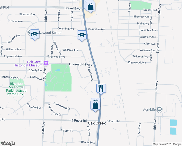map of restaurants, bars, coffee shops, grocery stores, and more near 8365 South Chicago Road in Oak Creek