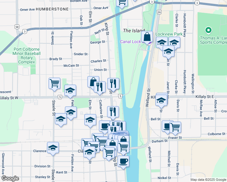 map of restaurants, bars, coffee shops, grocery stores, and more near 521 King Street in Port Colborne
