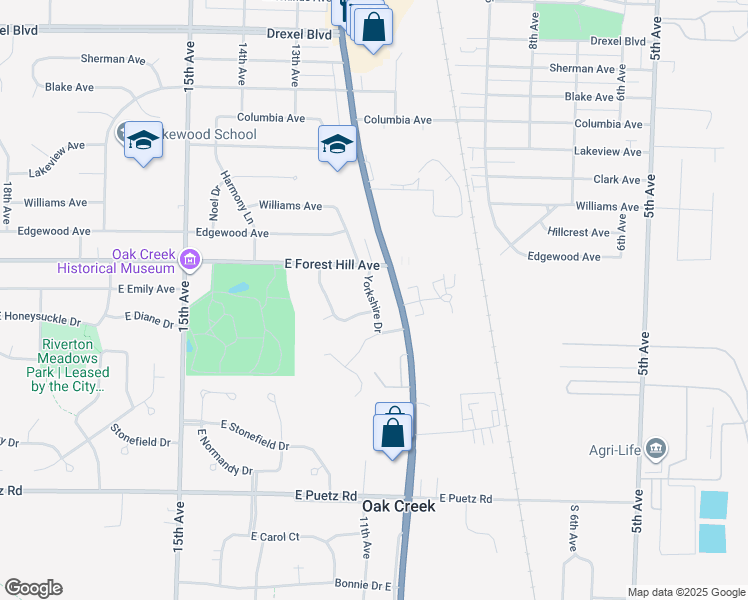 map of restaurants, bars, coffee shops, grocery stores, and more near 8365 South Chicago Road in Oak Creek
