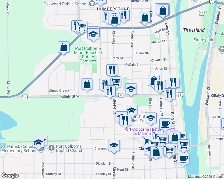 map of restaurants, bars, coffee shops, grocery stores, and more near 526 Steele Street in Port Colborne