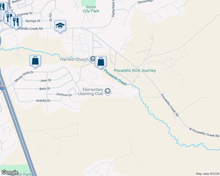 map of restaurants, bars, coffee shops, grocery stores, and more near 2435 Northstar Dr in Pocatello
