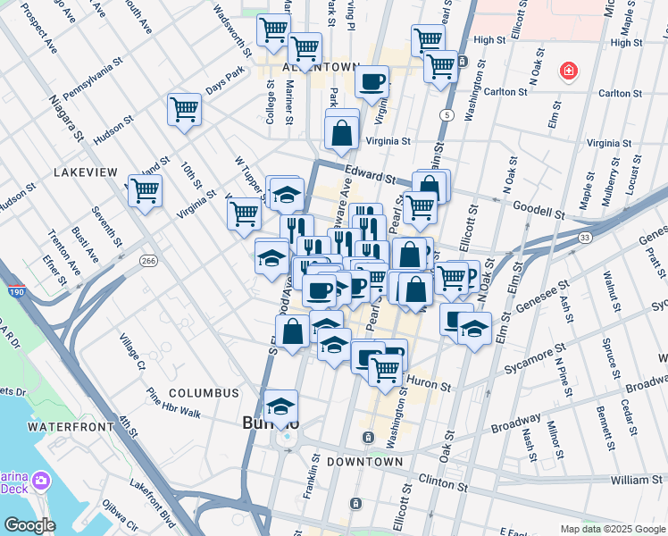 map of restaurants, bars, coffee shops, grocery stores, and more near 285 Delaware Avenue in Buffalo