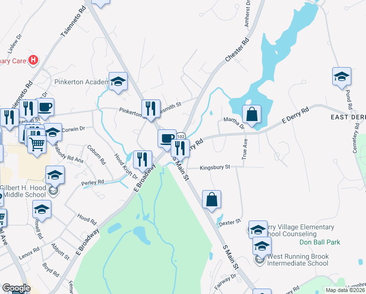 map of restaurants, bars, coffee shops, grocery stores, and more near 19 Thornton Street in Derry