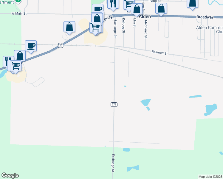 map of restaurants, bars, coffee shops, grocery stores, and more near 1146 Exchange Street in Alden