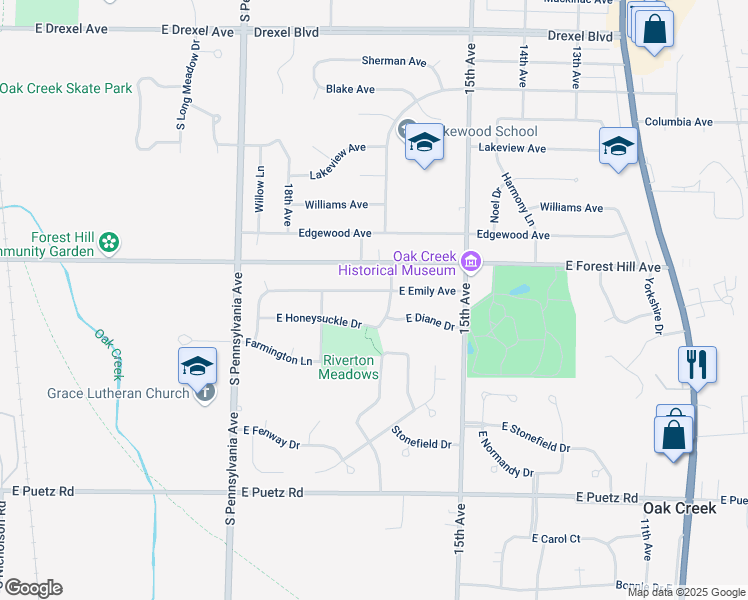 map of restaurants, bars, coffee shops, grocery stores, and more near 2905 East Emily Avenue in Oak Creek