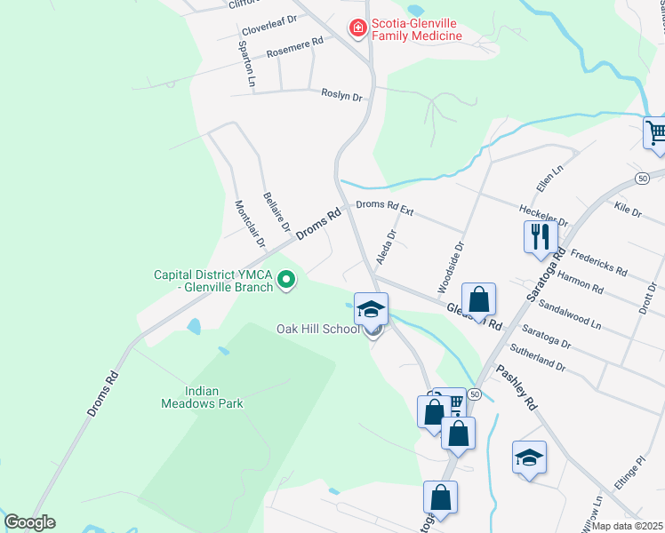 map of restaurants, bars, coffee shops, grocery stores, and more near 15 Dawn Drive in Glenville