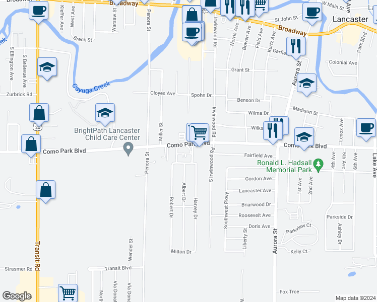 map of restaurants, bars, coffee shops, grocery stores, and more near 1821 Harvey Drive in Lancaster