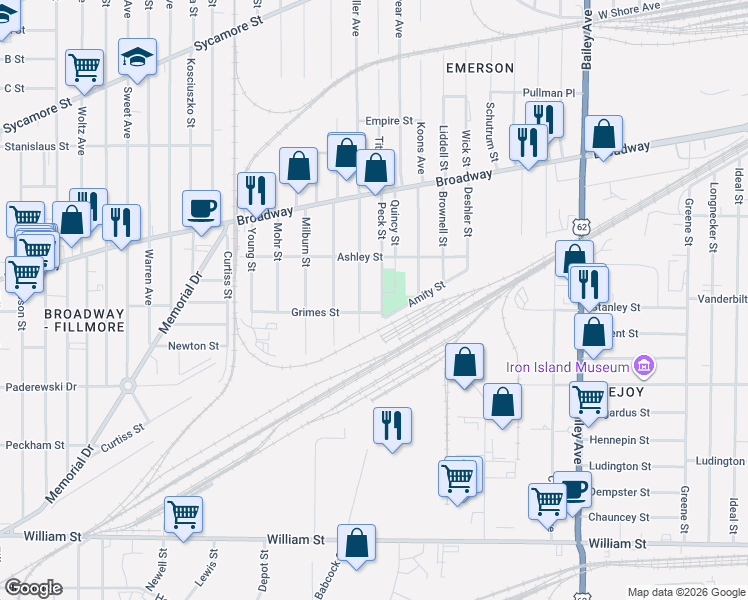 map of restaurants, bars, coffee shops, grocery stores, and more near 45 Krupp Street in Buffalo