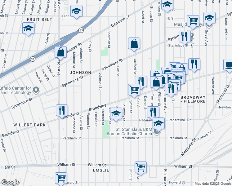 map of restaurants, bars, coffee shops, grocery stores, and more near 34 Fox Street in Buffalo