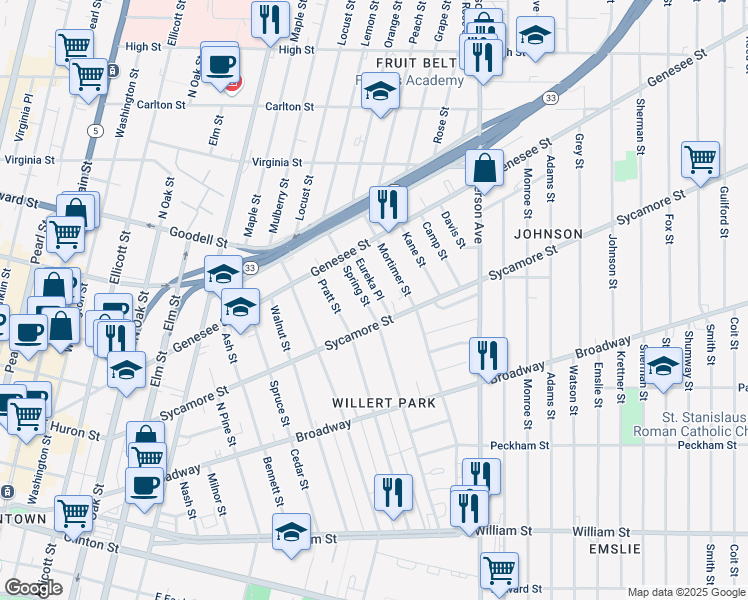 map of restaurants, bars, coffee shops, grocery stores, and more near 23 Eureka Place in Buffalo