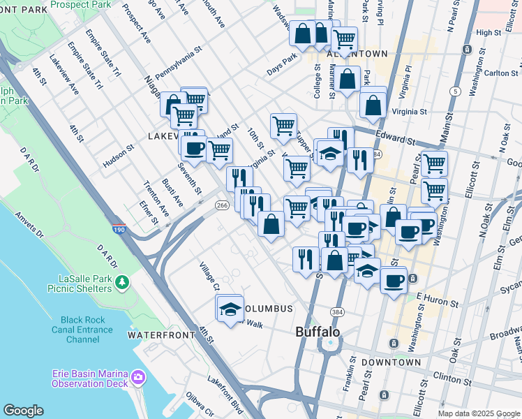 map of restaurants, bars, coffee shops, grocery stores, and more near 111 Prospect Avenue in Buffalo