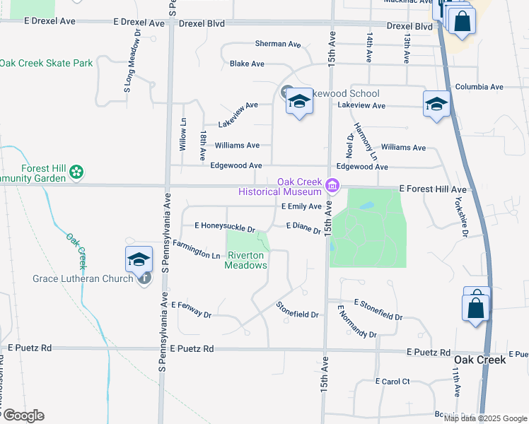 map of restaurants, bars, coffee shops, grocery stores, and more near 2905 East Emily Avenue in Oak Creek