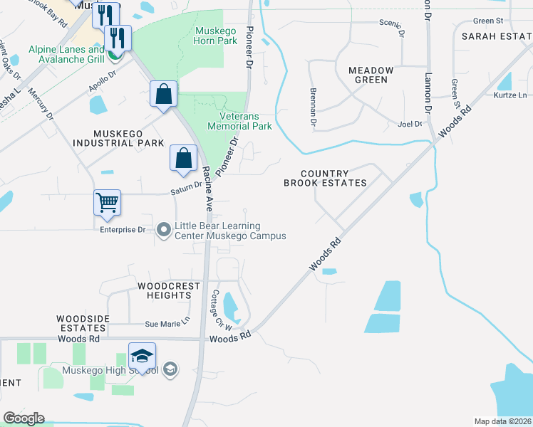 map of restaurants, bars, coffee shops, grocery stores, and more near W182S8450 Racine Avenue in Muskego