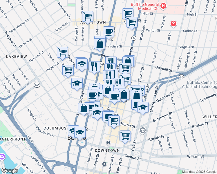 map of restaurants, bars, coffee shops, grocery stores, and more near 297 Franklin Street in Buffalo