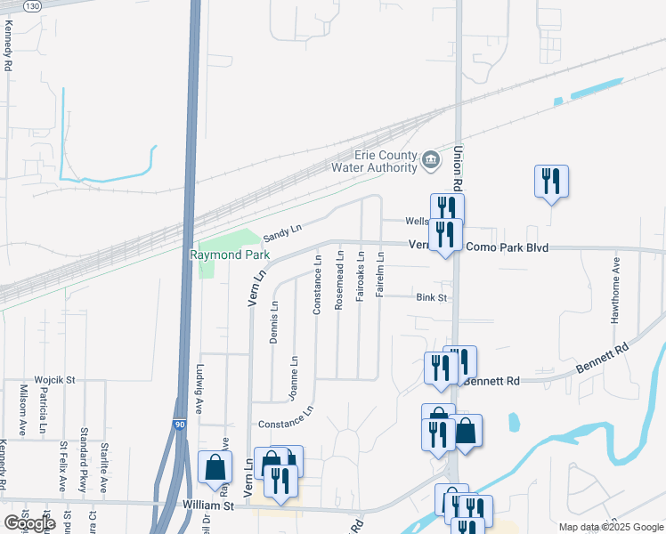 map of restaurants, bars, coffee shops, grocery stores, and more near 9 Rosemead Lane in Cheektowaga