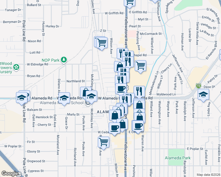 map of restaurants, bars, coffee shops, grocery stores, and more near 945-961 Wilson Avenue in Pocatello