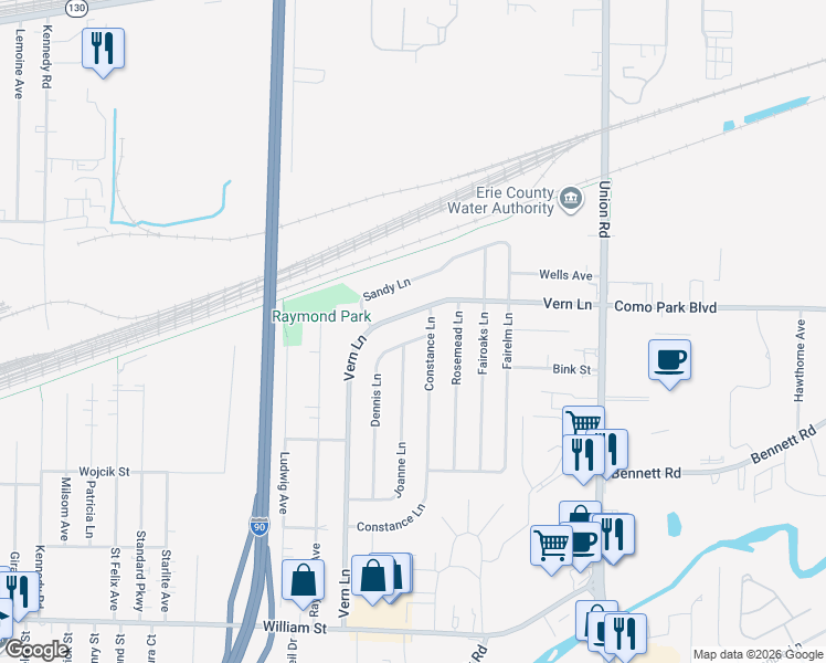 map of restaurants, bars, coffee shops, grocery stores, and more near 59 Dennis Lane in Buffalo