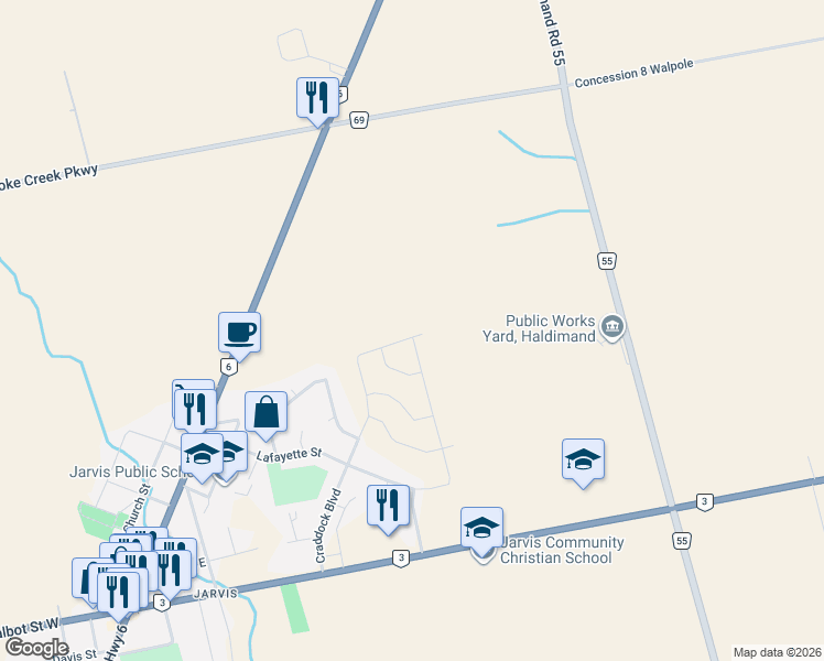 map of restaurants, bars, coffee shops, grocery stores, and more near 127 Craddock Boulevard in Jarvis