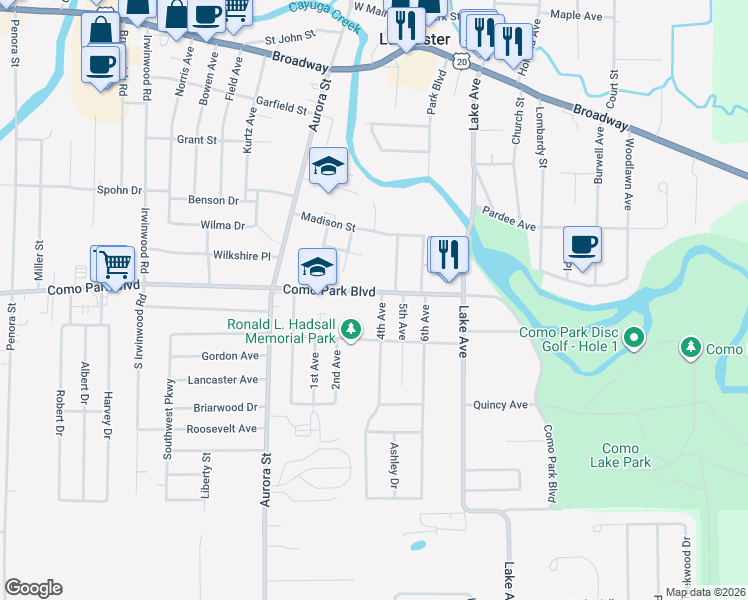 map of restaurants, bars, coffee shops, grocery stores, and more near 2025 Como Park Boulevard in Lancaster