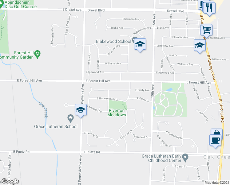 map of restaurants, bars, coffee shops, grocery stores, and more near 2725 East Emily Avenue in Oak Creek