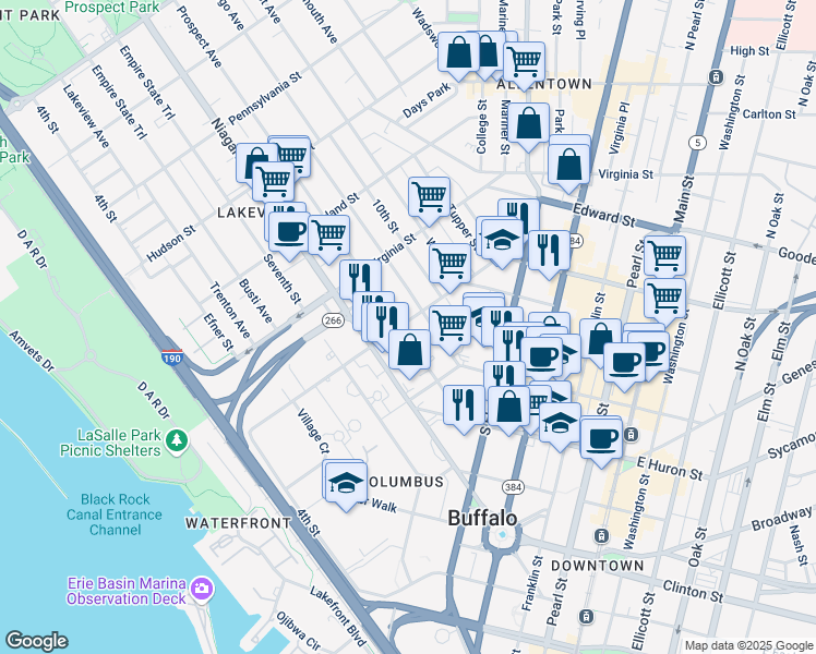 map of restaurants, bars, coffee shops, grocery stores, and more near 111 Prospect Avenue in Buffalo