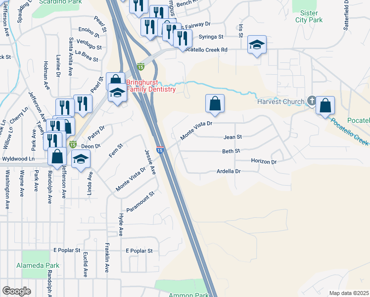 map of restaurants, bars, coffee shops, grocery stores, and more near 1620 Beth Street in Pocatello